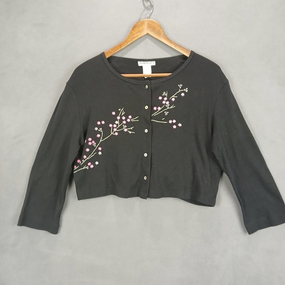 Rampage Sweaters - Rampage Cardigan Sweater Womens 11 Black Floral Cotton‎ Embroidered Round Neck